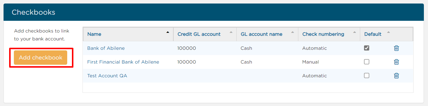 Add checkbooks under Admin > Financials > Checks