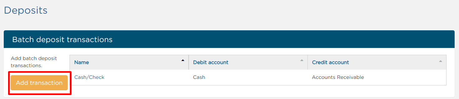 Set up batch deposit transactions under Admin > Financials > Deposits > Add transaction