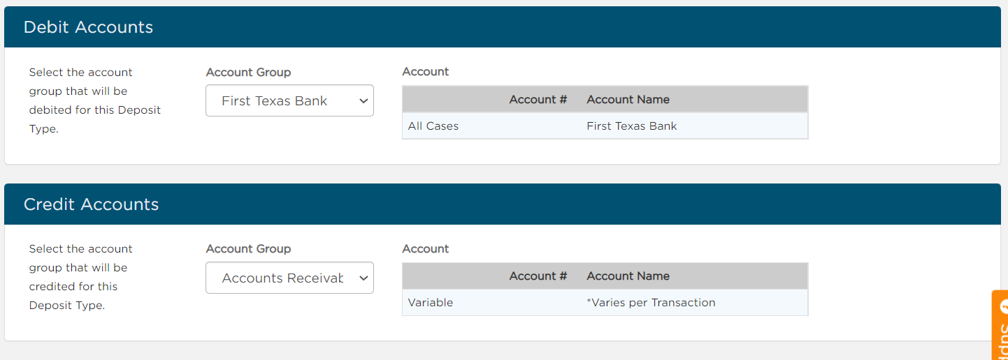 Select Debit and Credit accounts for batch deposit transaction