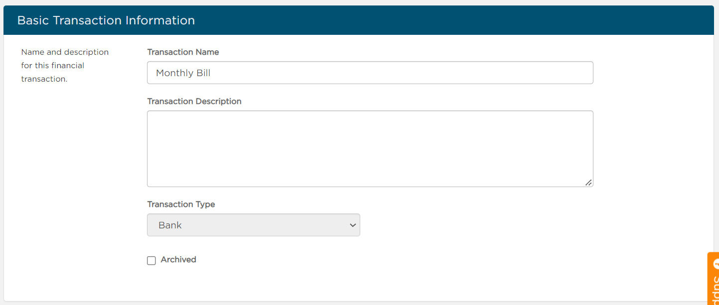 Fill out Bank Transaction information