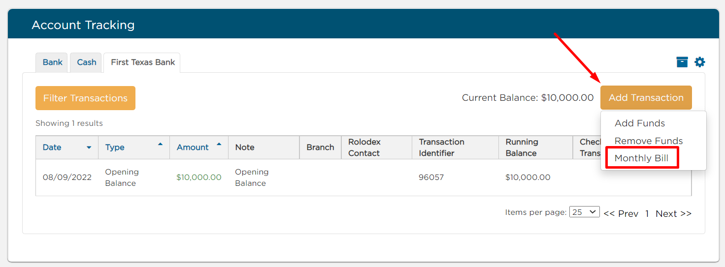 New Bank Transaction appears under Account Tracking > Add Transaction dropdown