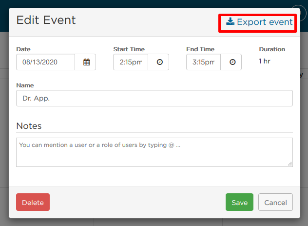 select export event in pop-up window in top right corner