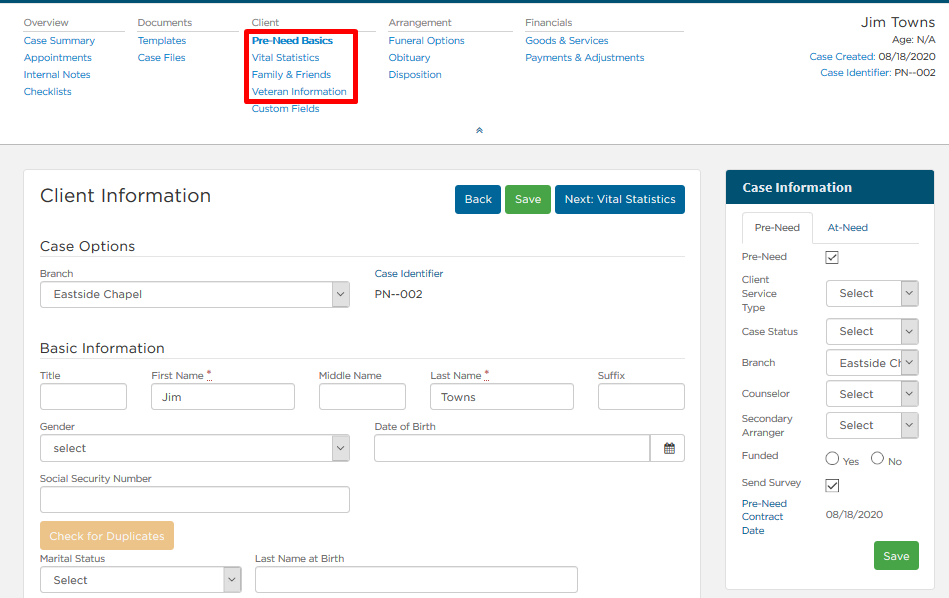 Pre-need case navigation