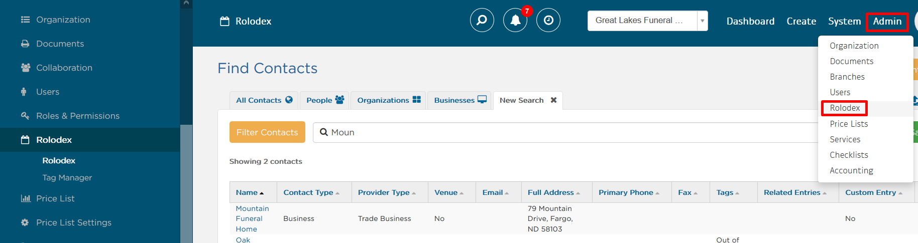 select Rolodex from Admin drop-down