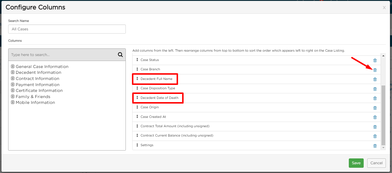 Delete all columns except Decedent Full Name and Decedent Date of Death