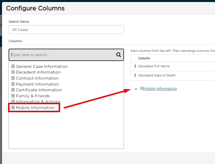 Drag and drop Mobile Information columns to right