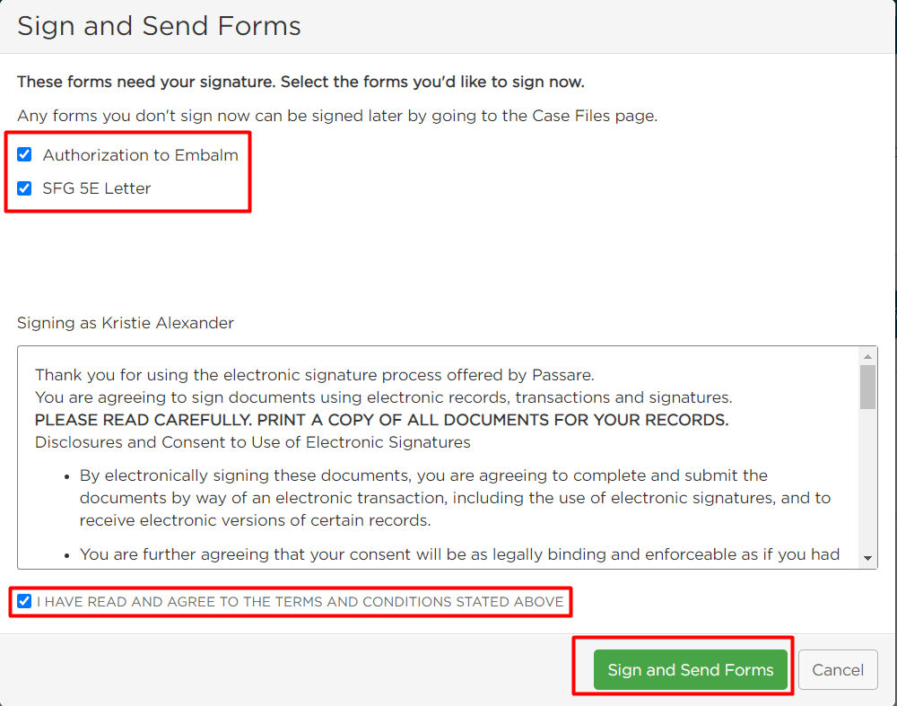 Sign and Send Forms box