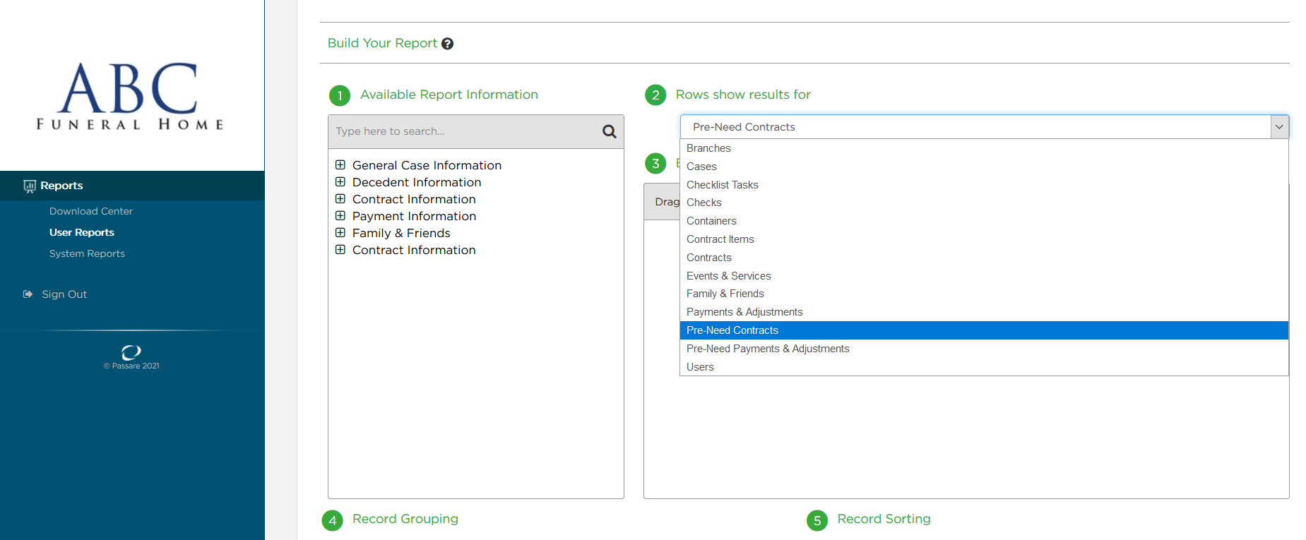 You can also report on pre-need data. Under User Reports, you can choose to report on pre-need contracts and payments and adjustments.