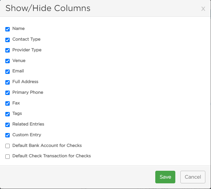 Show/Hide Columns checkboxes