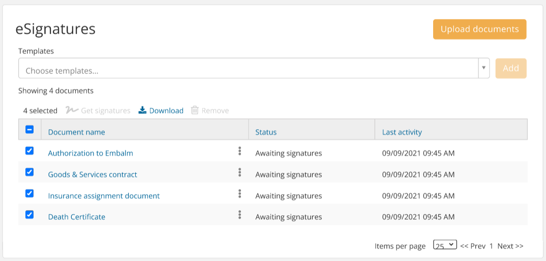 eSignatures page showing signature statuses