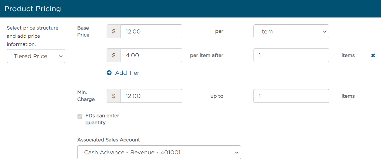 Tiered pricing screen