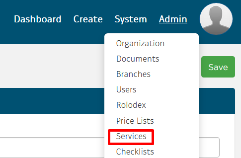 Services in Admin drop-down