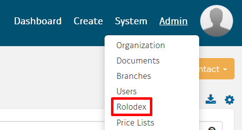 Rolodex under Admin drop-down
