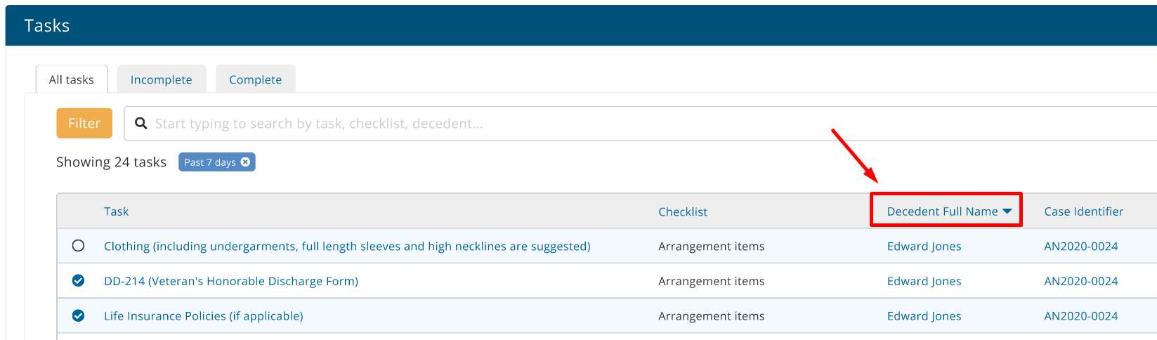 Click column header to sort tasks