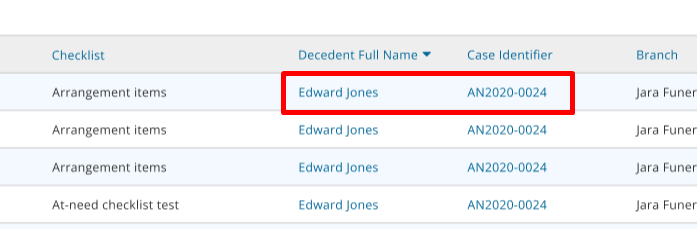 Decedent name and Case ID links