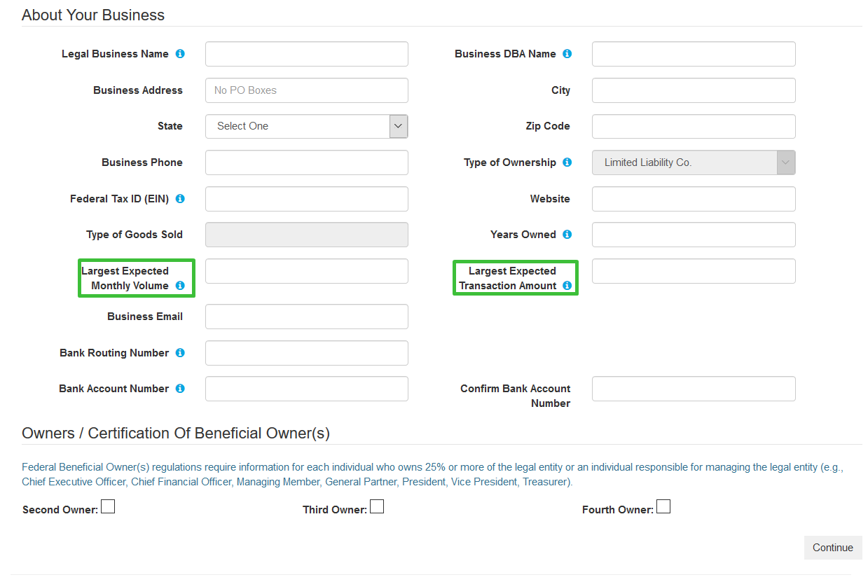 About your business section of applications