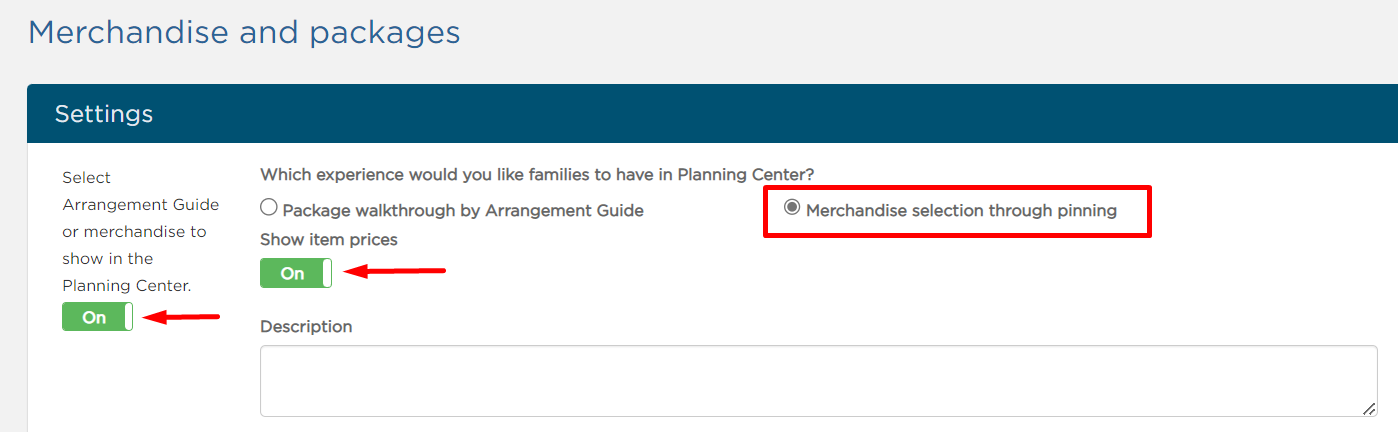Merchandise and packages settings page