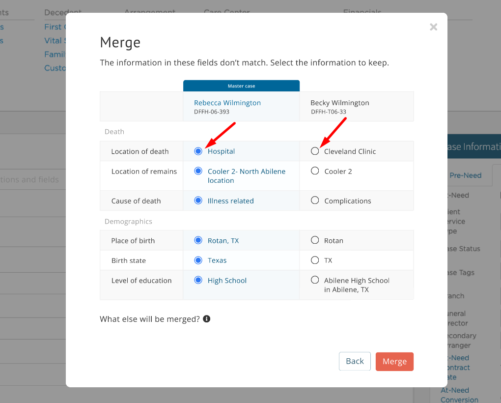 Conflicting data selection in merge modal