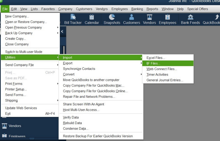 Screenshot of select utilities, import, IIF files