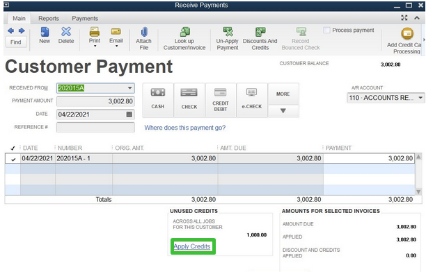Screenshot of review payments with box around apply credits