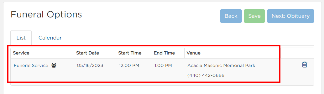 Funeral service listing