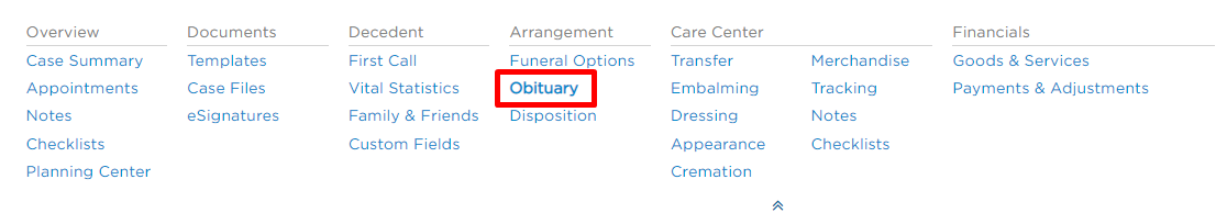 Obituary link in navigation