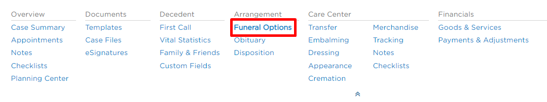 Funeral options link in navigation