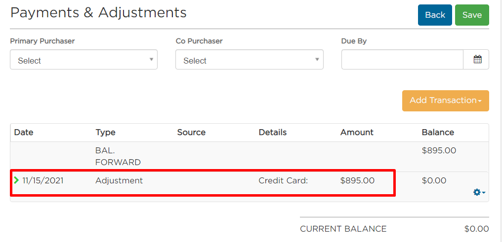 Payments & Adjustments page
