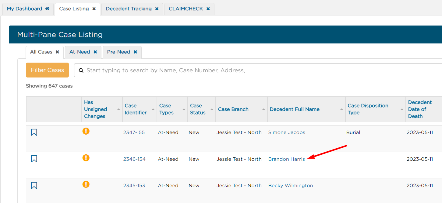 Select decedent name on Case Listing tab