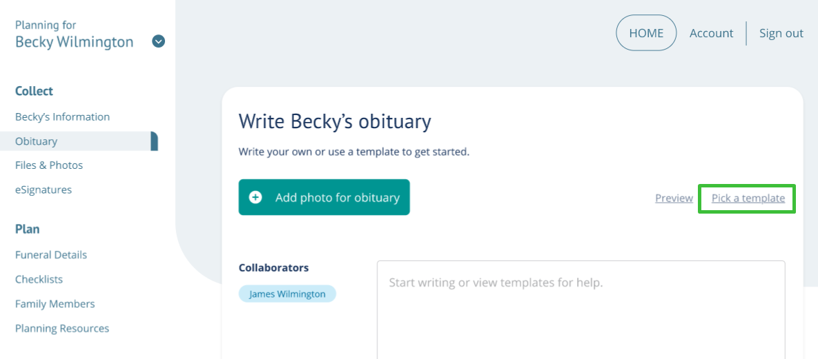 Pick a template link on obituary page in Planning Center