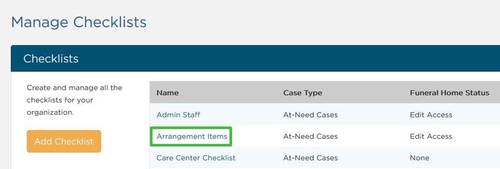 Manage Checklists page