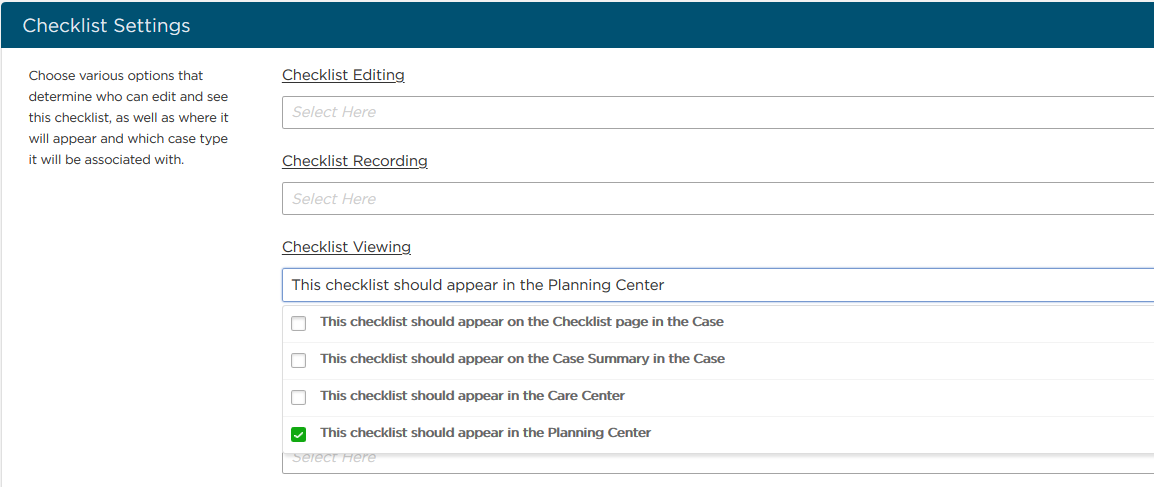 For Checklist Viewing, check the box for "This checklist should appear in the Planning Center."