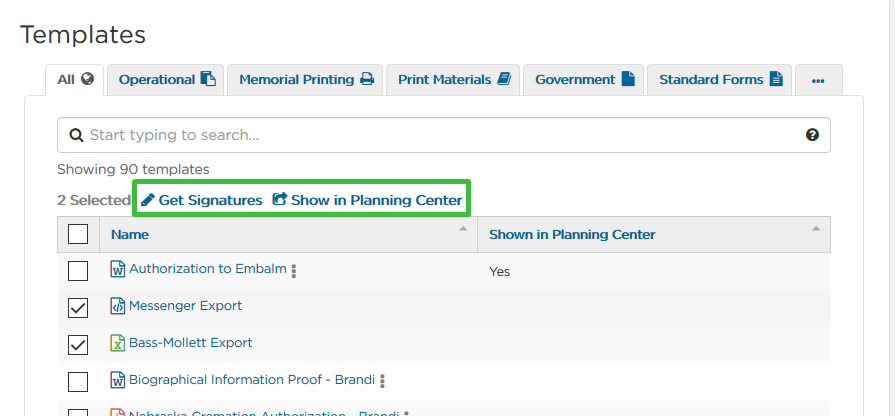 icons for "Get Signatures" and "Show in Planning Center" on Templates page