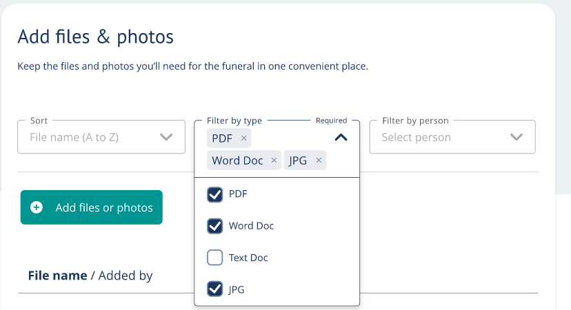 Sorting and filtering fields in Add files & photos 