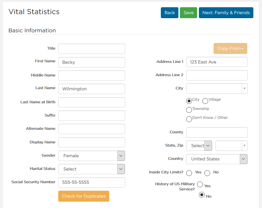 Vital Statistics page