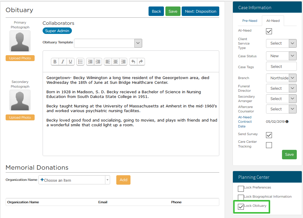 check Lock Obituary in Planning Center section of sidebar