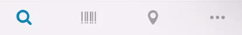 Menu bar at the bottom of the app shows four icons: magnifying glass, barcode, location pin, ellipsis.