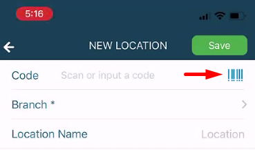 Adding or editing a location allows you to scan location code, select branch, and name the location