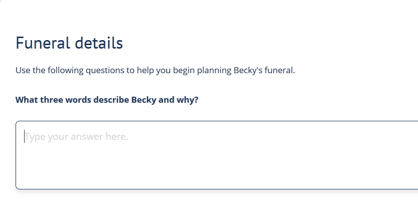 Funeral details page with what three words describe Becky and why