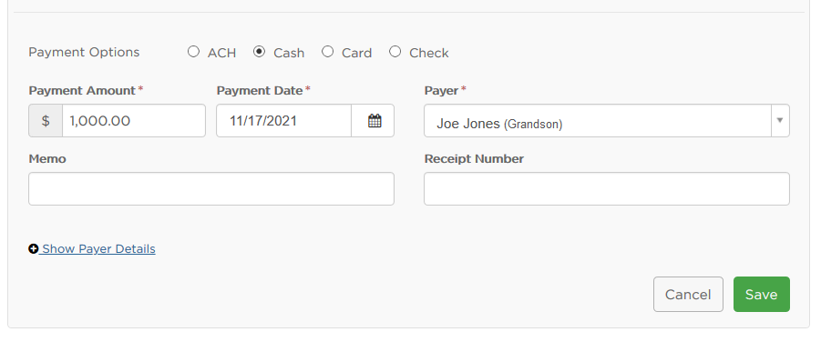 screenshot of enter payment info and hit green save button
