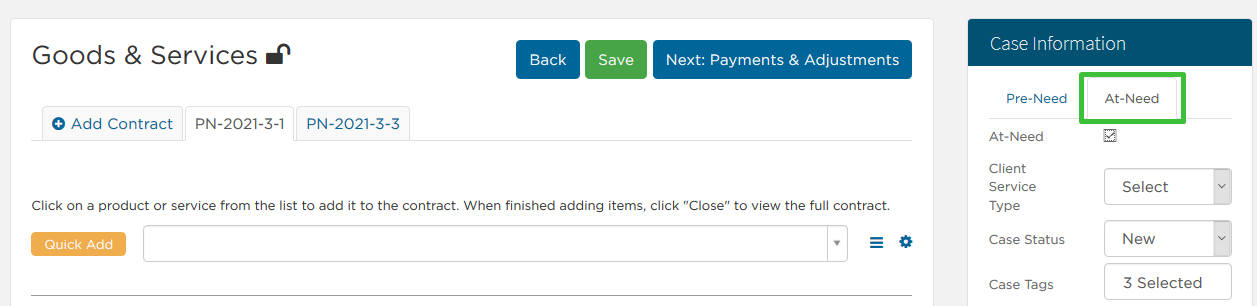 Use case information toolbar to convert to at need by selecting at-need checkbox and saving.