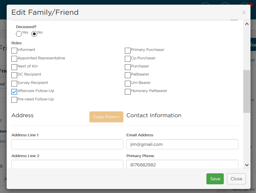 Edit Family/Friend pop-up