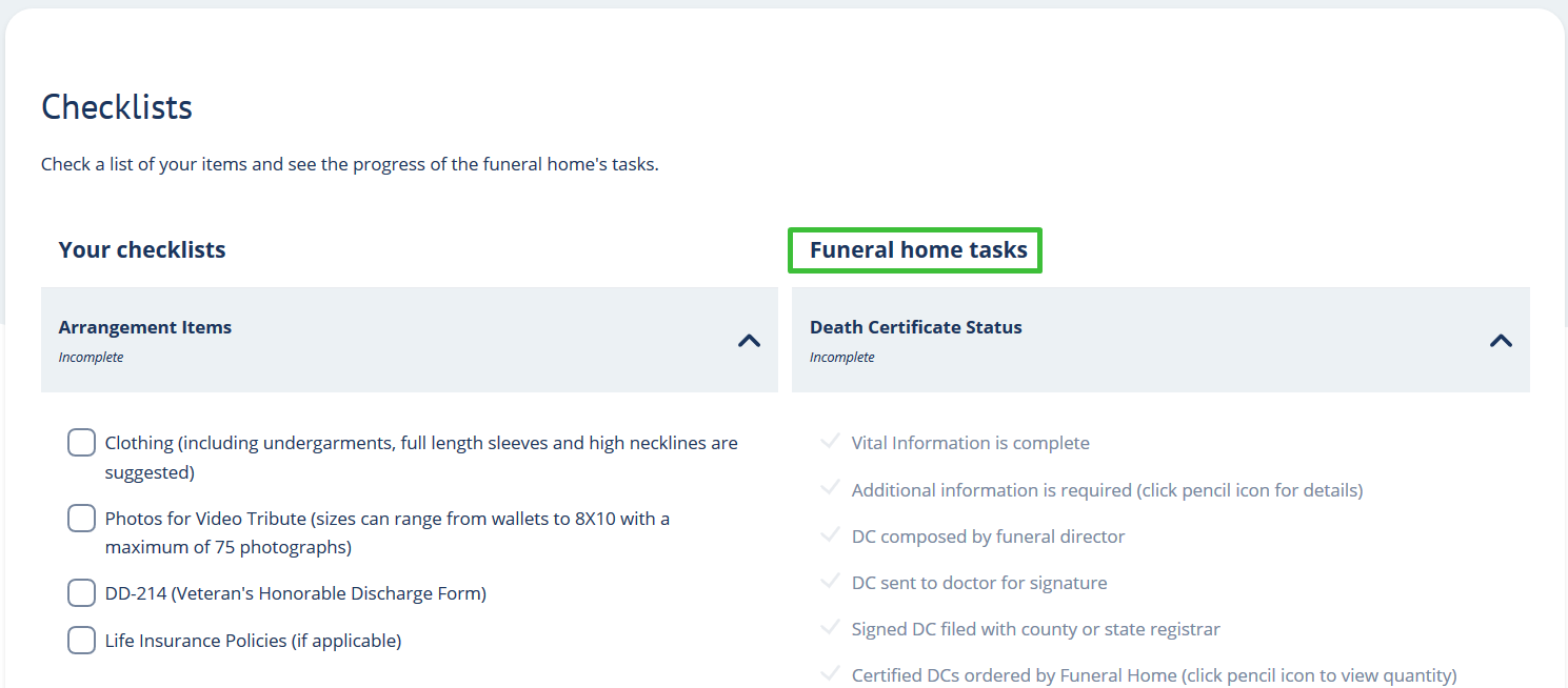 Funeral home tasks section on Checklists page