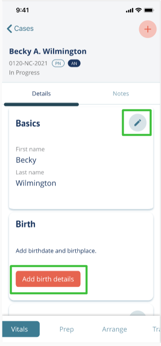 screenshot of add birth details button