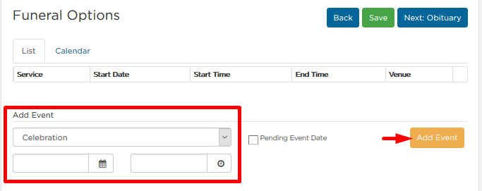 Arrow pointing to add event