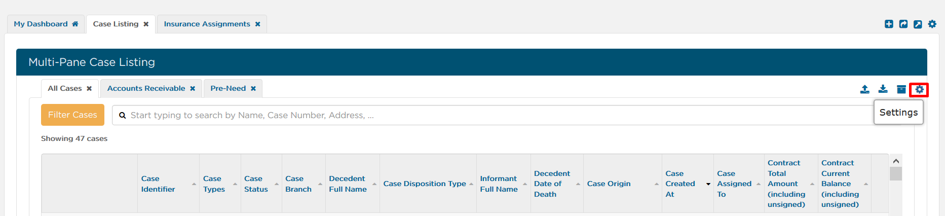 settings gear icon under Case Listing in Dashboard