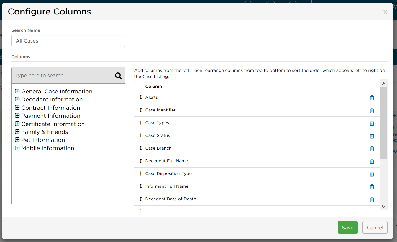 Configure columns pop-up window