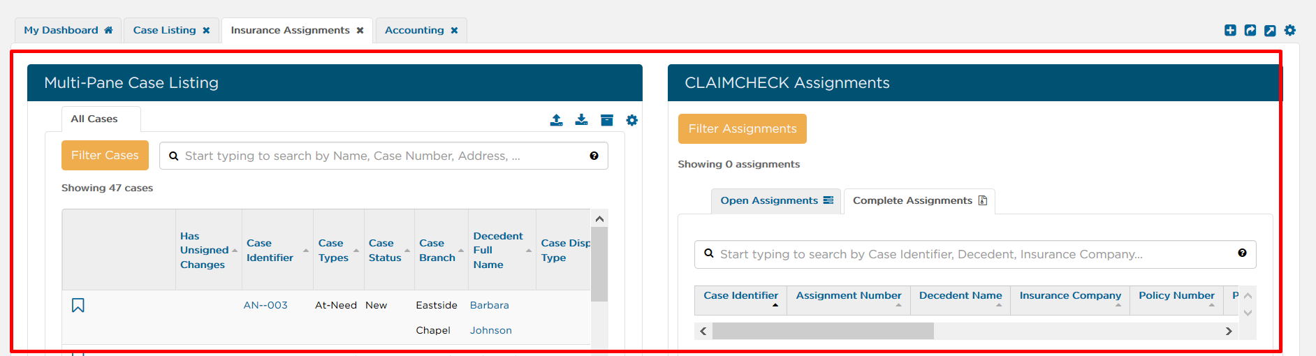 Mulit-pane case listing 