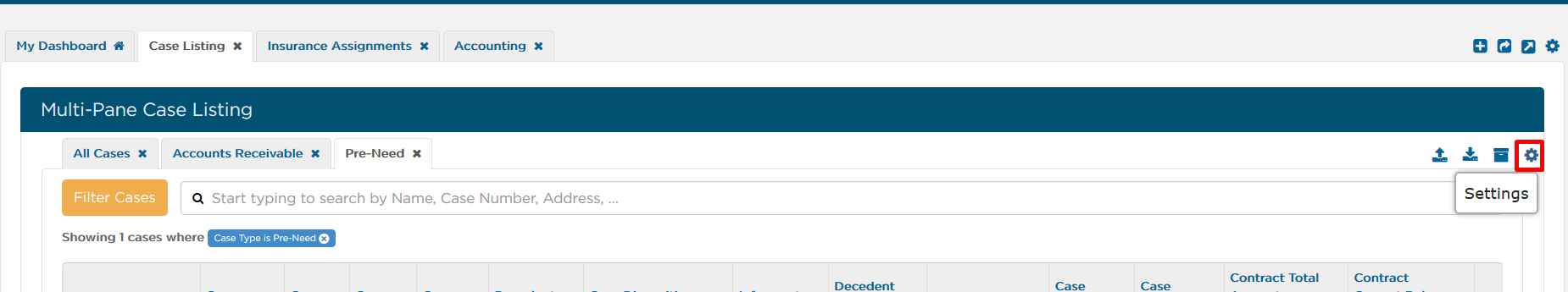 Settings gear icon on Dashboard page under Case Listing tab