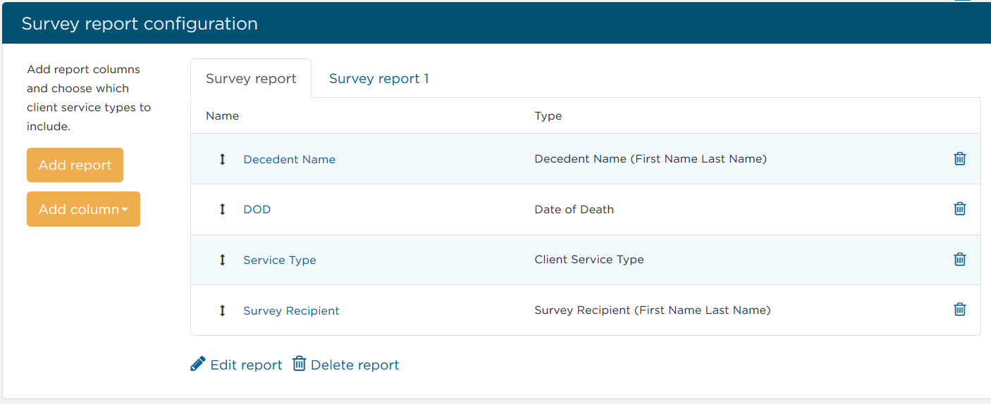 Survey report configuration section